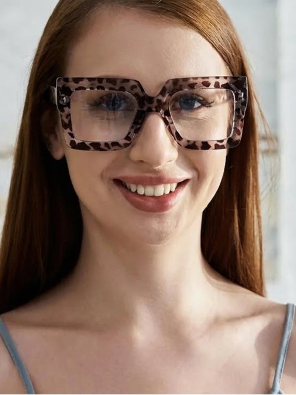 Leopard-Print Anti-Blue Light SquareFrame Glasses - Brown Tortoiseshell